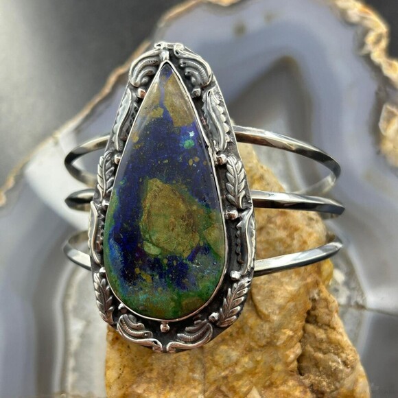 Sterling Southwestern Style Large Teardrop Azurite Malachite Bracelet For Women - Picture 5 of 10